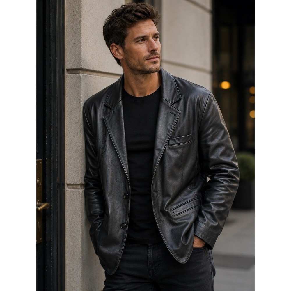Vintage Luis Alvear Leather Blazer men's XL Black Soft Genuine Leather 2 Button